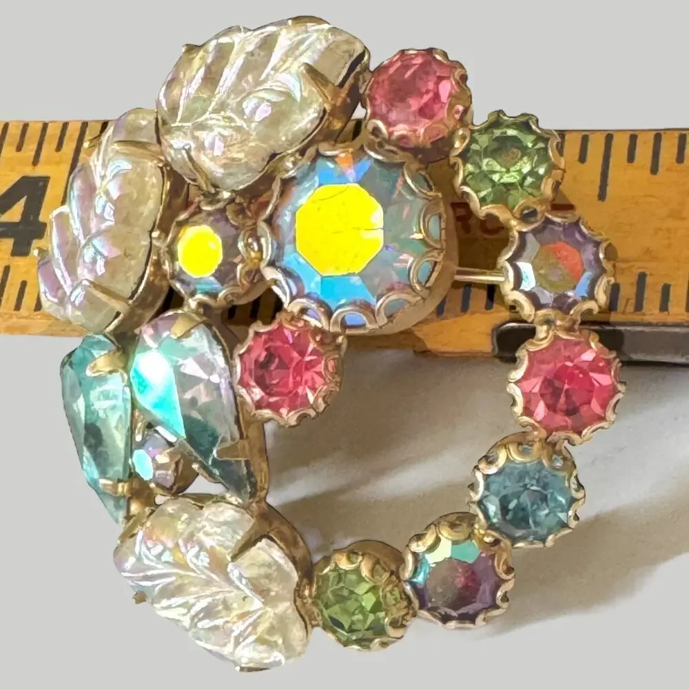 Rudolph Weiss Fruit Salad Glass Leaves AB Rhinestone Gold Wreath Pin Brooch